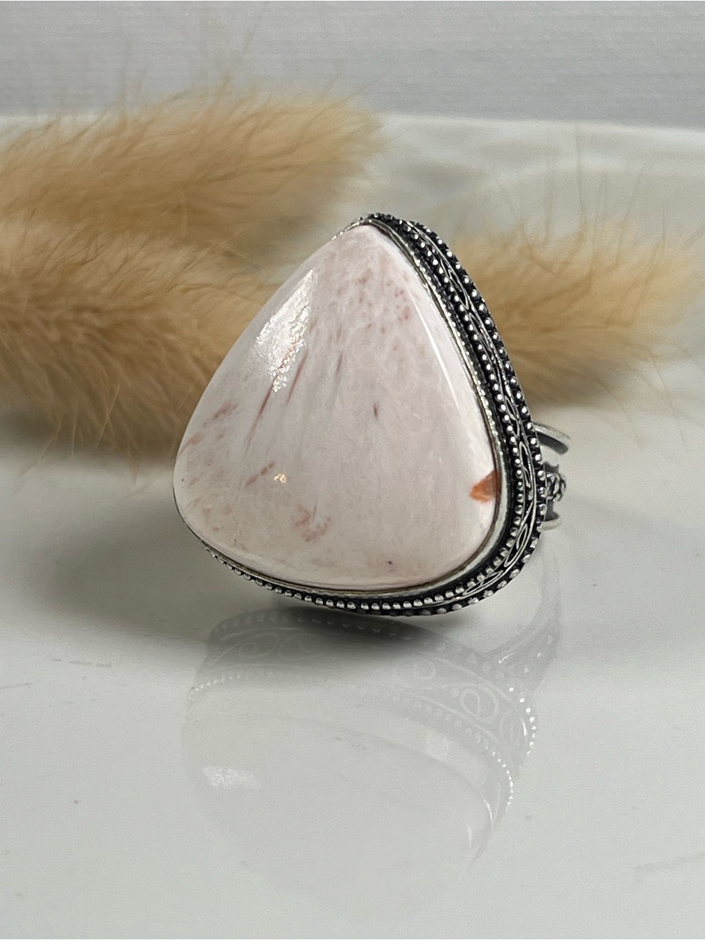 925 Sterling Silver Overlay Peach Scolecite Gemstone Statement Ring Size 9.5